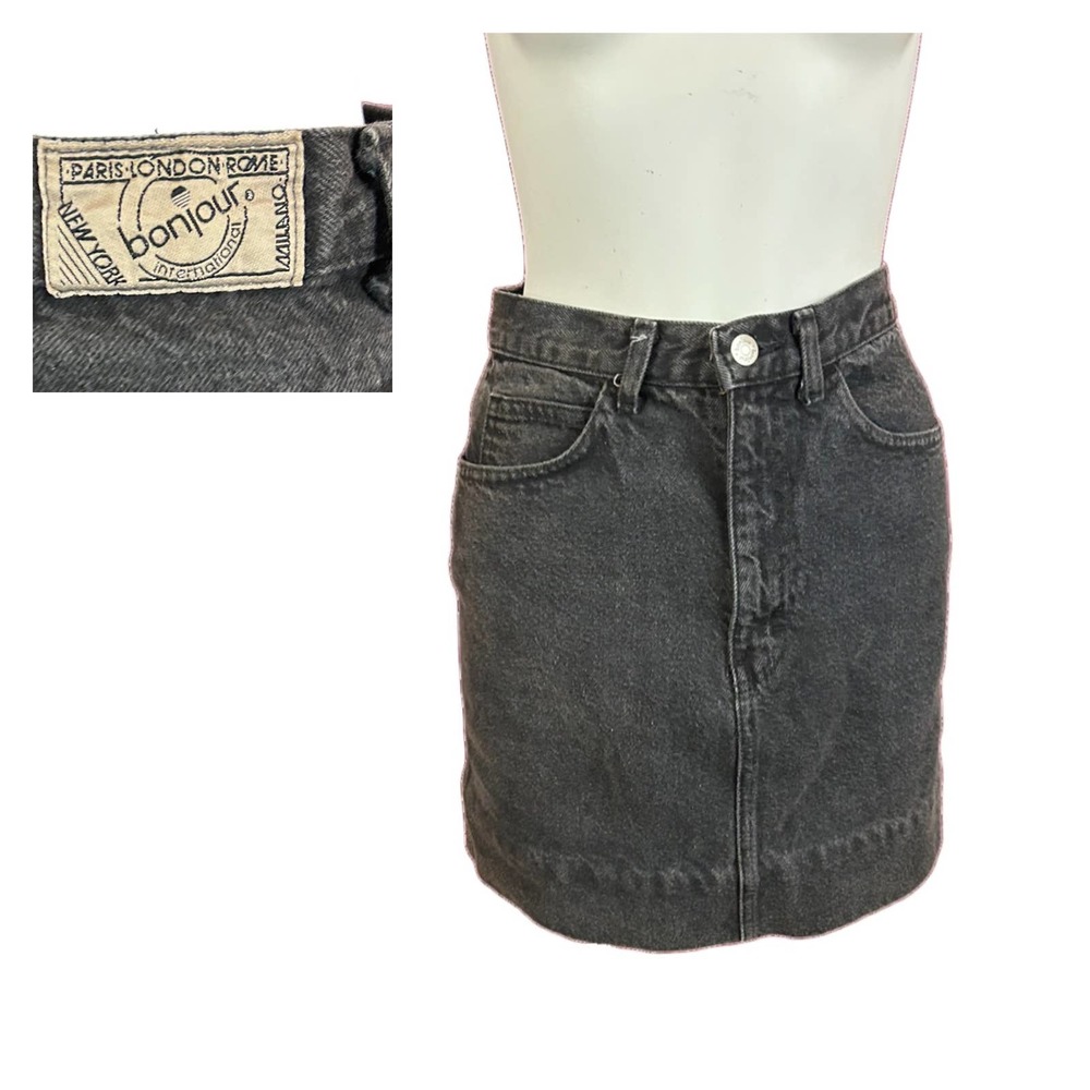 1990s Black Cotton Short Jean Skirt by Bonjour / Waist 25 *